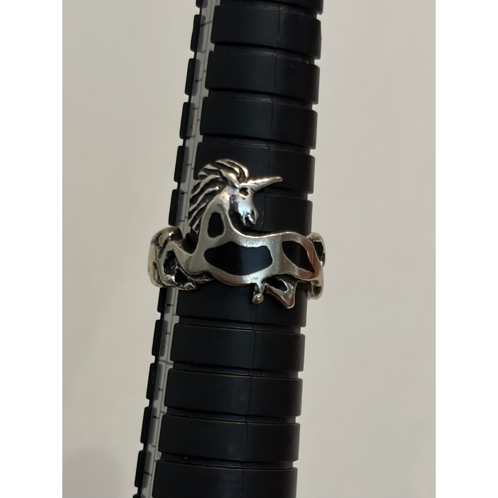 Wheeler Sterling Silver Unicorn Wrap Ring Vintage Black Inlay Size 5 Magic Fairy